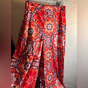 Orange Red Blue Floral Patterned Pants Trousers floral wide leg boho flowy zip L thumbnail 2