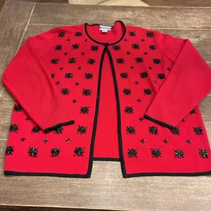 Pendleton Red Open Cardigan w Black‎ Snowflakes Wool Blend XL Tall thumbnail 6