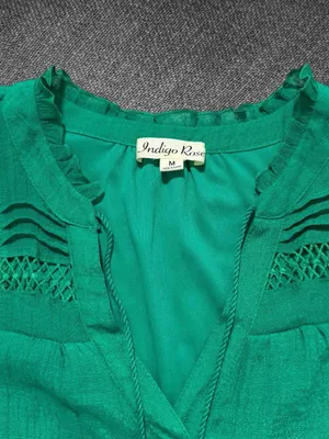 Indigo Rose Women’s M Green Boho Lace Trim Tassel Tiered Midi Dress thumbnail 4