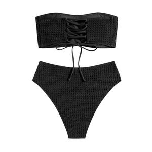 NWT ZAFUL Black Bandeau‎ Bikini Set High Cut High Rise Strapless Small thumbnail 2