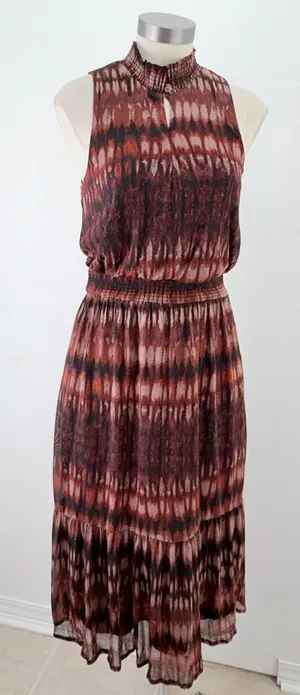 Evereve Brown Rust Ikat Print Smocked Tiered Midi Dress Pockets Small thumbnail 1