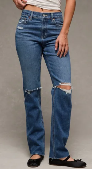 American Eagle Stretch Ripped Super High-Waisted Straight Jeans thumbnail 1