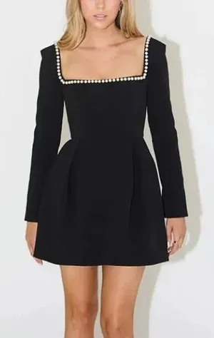 Odd Muse London Pearls Mini Dress Black square neck long sleeve thumbnail 1