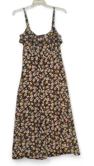 NWT Floral Ruffle-Trim Maxi Dress in Brown, Pink & Yellow, side slit, SZ Large. thumbnail 1