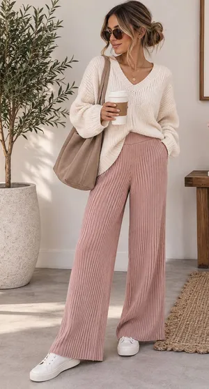 Sincerely Jules Ribbed Knit Pants Womens Large Pink Wide Leg Lounge Cozy NWT thumbnail 1