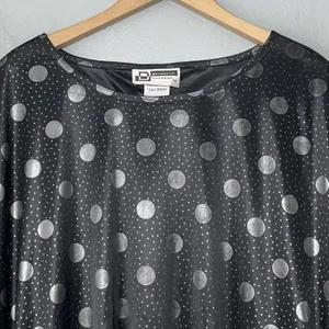 Vintage Going Out Top Plus Size 20W Black Metallic Silver Polka Dot Slinky Knit thumbnail 2