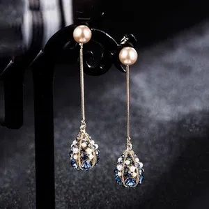 Women's Pearl Blue Crystal Long Tassel Dangle Drop Earrings thumbnail 1