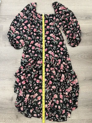 Lush XS Black Floral High Low Ruffle Dress Square Neck Puff Sleeve thumbnail 5