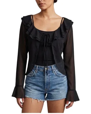 Princess Polly Black Sheer Tie Front Ruffle Blouse Long Sleeve 6 S thumbnail 1