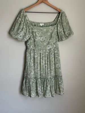 Blu Pepper Sage Green Floral Puff Sleeve Cottagecore Mini Dress Medium thumbnail 1