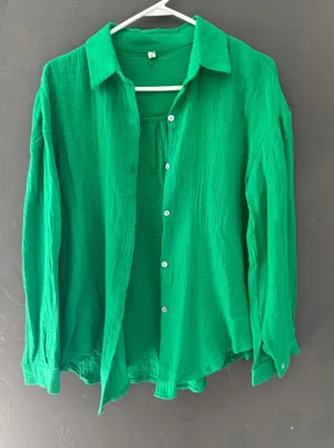 Womens Green Gauze Button‎ Down Shirt Oversized Long Sleeve Cotton Blend S thumbnail 1