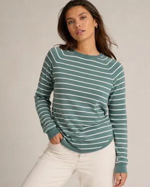 Pink Clover Sweater Sz L Green Striped Lightweight Knit Curved Hem Layering Fall thumbnail 1
