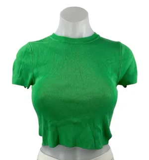 Zara Women's Green Rib Knit Crewneck Short Sleeve Crop Tee T-shirt Top Size M thumbnail 1