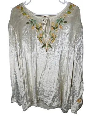 Free People‎ Ember Embroidered Floral Tunic Top Womens Small Cream Velvet NWOT thumbnail 1