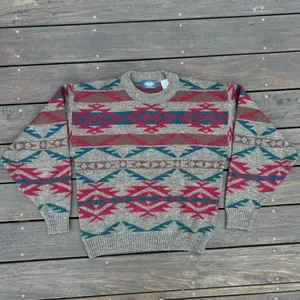 Tan/Red Vintage Pendleton Style Wool Sweater Knitwear Grandpa Sweater Made in England thumbnail 2