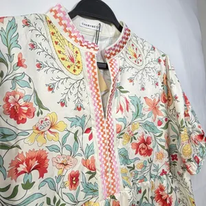 CHERYBETTY Babydoll Blouse Floral Paisley Puff Sleeve Embroidered Trim Cream‎ L thumbnail 9