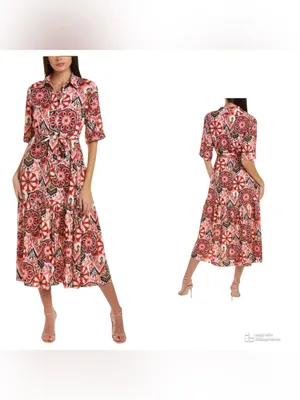 Zara Red and Pink Printed Midi Shirt Dress size S thumbnail 2