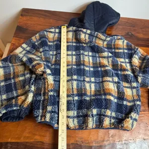 Altard State Plaid Sherpa Fleece Cropped Hooded Jacket Women's Small Navy Orange thumbnail 7