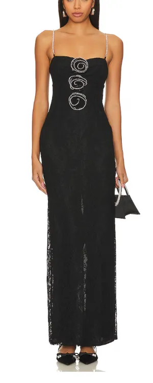 Lovers + Friends Black Lace Gown MEDIUM Maxi Dress Rhinestone Rosette $300 NEW thumbnail 1