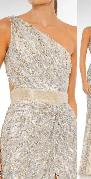 Mac Duggal 5687 SEQUINED ONE SHOULDER DRAPED LACE UP GOWN dress Silver 8 thumbnail 1
