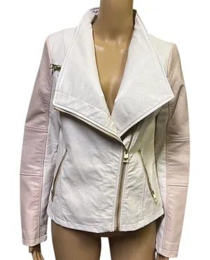 Guess Pink White Faux Leather Moto Jacket Gold Exposed Zipper Womens Small thumbnail 1