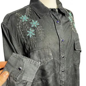 THE KOOPLES Women’s Black Acid Wash Beaded Snap Front Western Shirt thumbnail 2