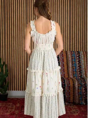Floral Colorblock Ruffle Tiered Midi Dress Ivory Multi Medium NWT thumbnail 3