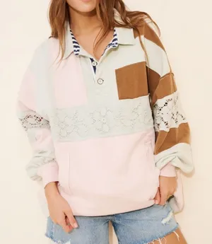 Free People American Dream Polo Pullover in Pink / Blue / Brown thumbnail 1