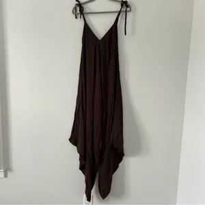Bagus Brown Lagenlook Style Wide Leg V Neck Boho Casual Jumpsuit Tie Straps OS thumbnail 2