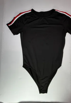 SHEIN Black Short-Sleeve Bodysuit with Red and White Shoulder Stripes thumbnail 1