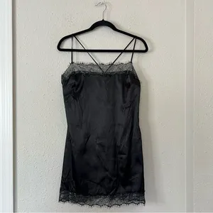Meshki Satin Lace Trim Black Slip Mini Dress NEW Size Large thumbnail 3