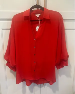 ODDI Red Blouse Top Size M Button Down Long Bishop Sleeve Crochet Trim thumbnail 1