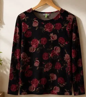 Notations Velvet Floral Rose Print Long Sleeve Top Black Red Women L Whimsigoth Dark Fairy thumbnail 1