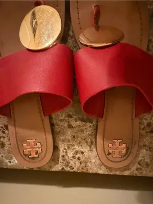 Tory Burch Red Leather Slide Sandals with Gold Medallions thumbnail 2