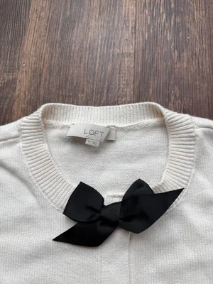 LOFT Women’s Ivory Cardigan Black Satin Bow Ribbon Coquette Crewneck Sweater- XS thumbnail 5