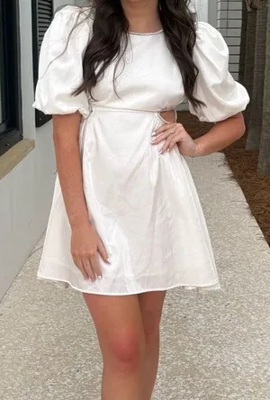 Sofie the label white puff sleeve rhinestone dress with bow cutouts thumbnail 1