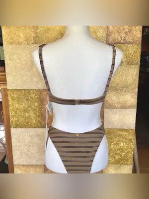 NEW Rhythm. Sol Stripe Hi Cut Adjustable Strap Two Piece XS Bikini Tan/Black Set thumbnail 6