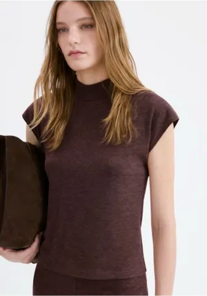 Mango HIGH COLLAR T-SHIRT Burgundy Small New thumbnail 1