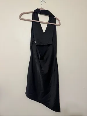 Fabrique Satin Black Asymmetrical V-Neck Halter Low Back Dress thumbnail 3