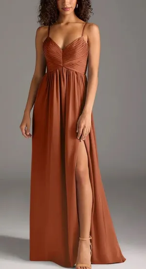 Azazie Alia bridesmaid gown NWT A6 Cedar Rose A-line Pleated Stretch Satin Dress thumbnail 1