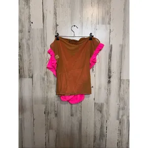 AKIRA Pink & Brown Sheer Mesh Wrap Top 3X Off Shoulder V-Neck Stretch NWT thumbnail 5