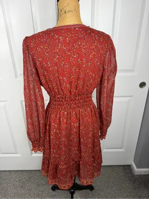 Max Studio Floral Smocked Waist Mini Dress Size S Rust Red Boho Fall thumbnail 9