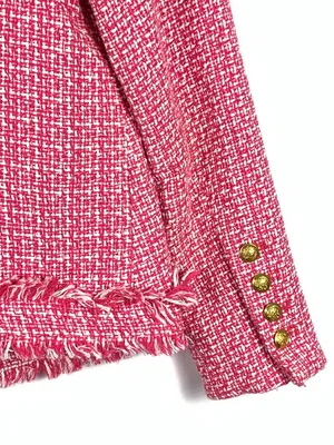 Saks Fifth Avenue Tweed Jacket XS Pink Frayed Trim Open Front Blazer thumbnail 13