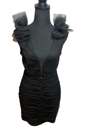 Lulus Black Ruched Mesh Mini Dress Tulle Ruffle Shoulder V-Neck XS Homecoming thumbnail 1