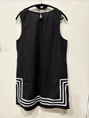 Linen Cotton Blend Sleeveless Black Mini Shift Dress with White Geometric Hem M thumbnail 4