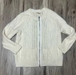 DKNY Jeans Cream Cable Knit Zip Cardigan Sweater Size L Wool Blend Pockets thumbnail 1