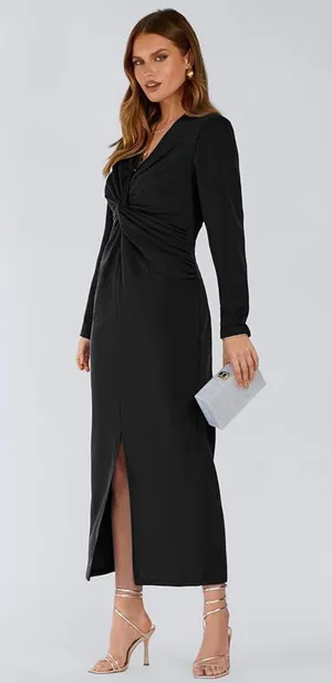 PRETTYGARDEN Women's Spring Fall Fashion Long Puff Sleeve Maxi Dresses V Neck Twist Front Formal Dress with Slit thumbnail 8