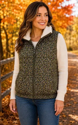 Universal Threads Women’s Green Floral Puffer Vest Sherpa Collar Full Zip Small thumbnail 1