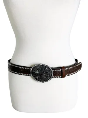 Western Tooled Large Buckle Belt with Rhinestones Brown thumbnail 5