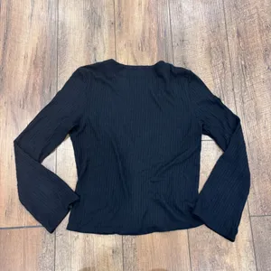Reformation The Gellar Black Ribbed Button Front Bell Sleeve Crop Top Womens L thumbnail 8